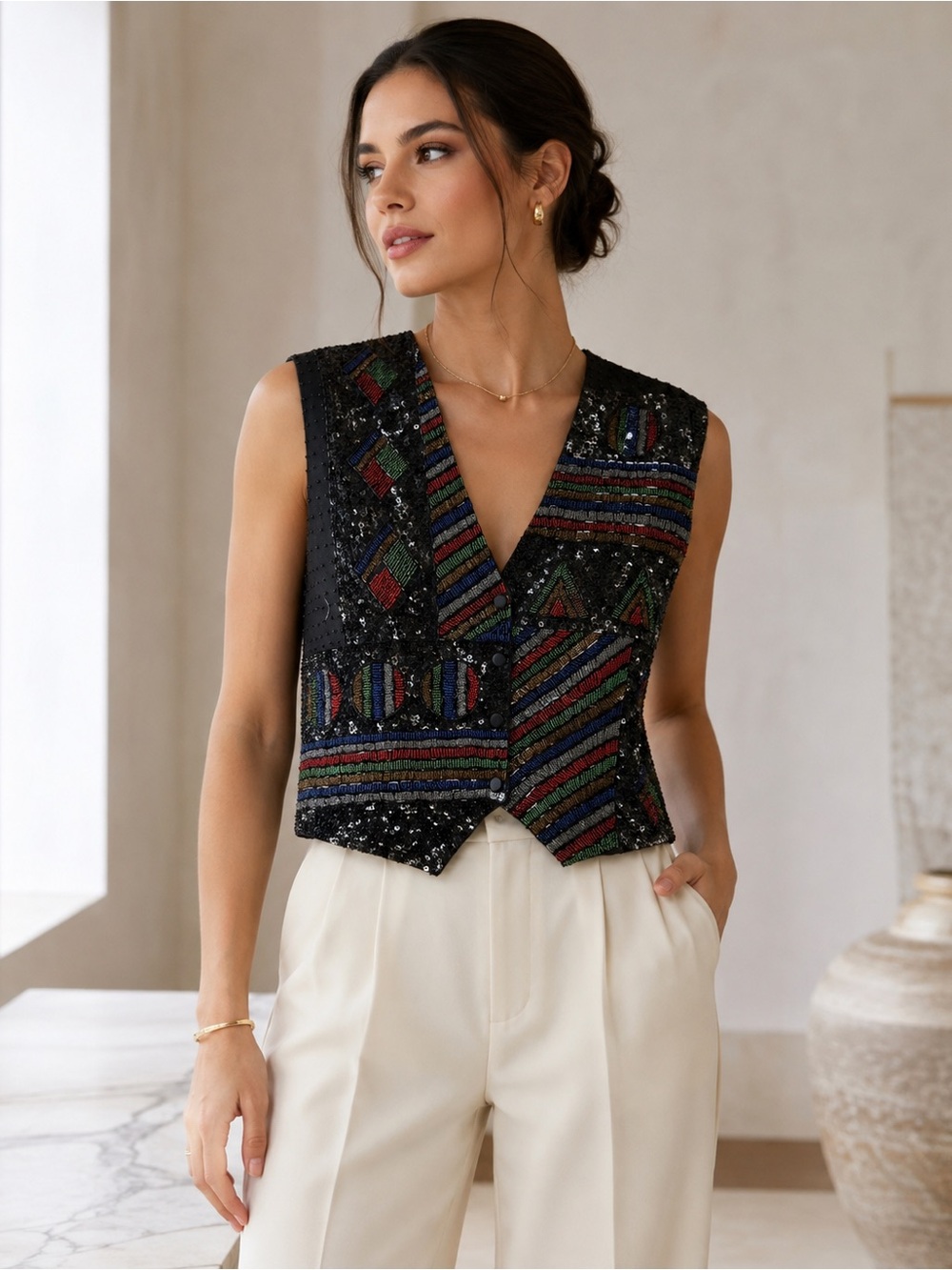 Vintage Effect Beaded Sequin Vest Black Multicolor Geometric 80s 90s Statement
